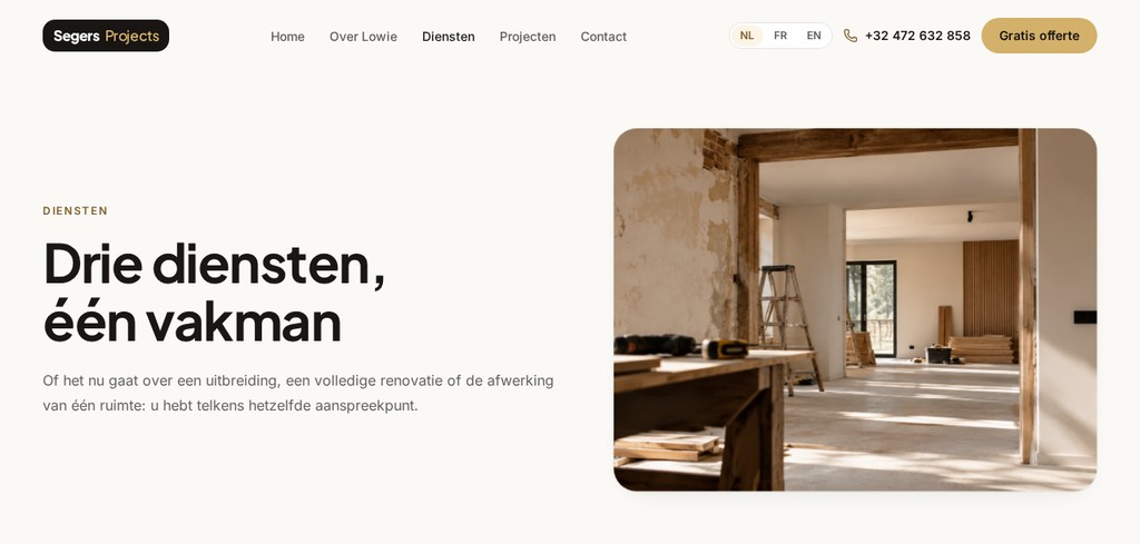 Live website van Segers Projects, aannemer in Sint-Katelijne-Waver, gemaakt door Vervloet Solutions